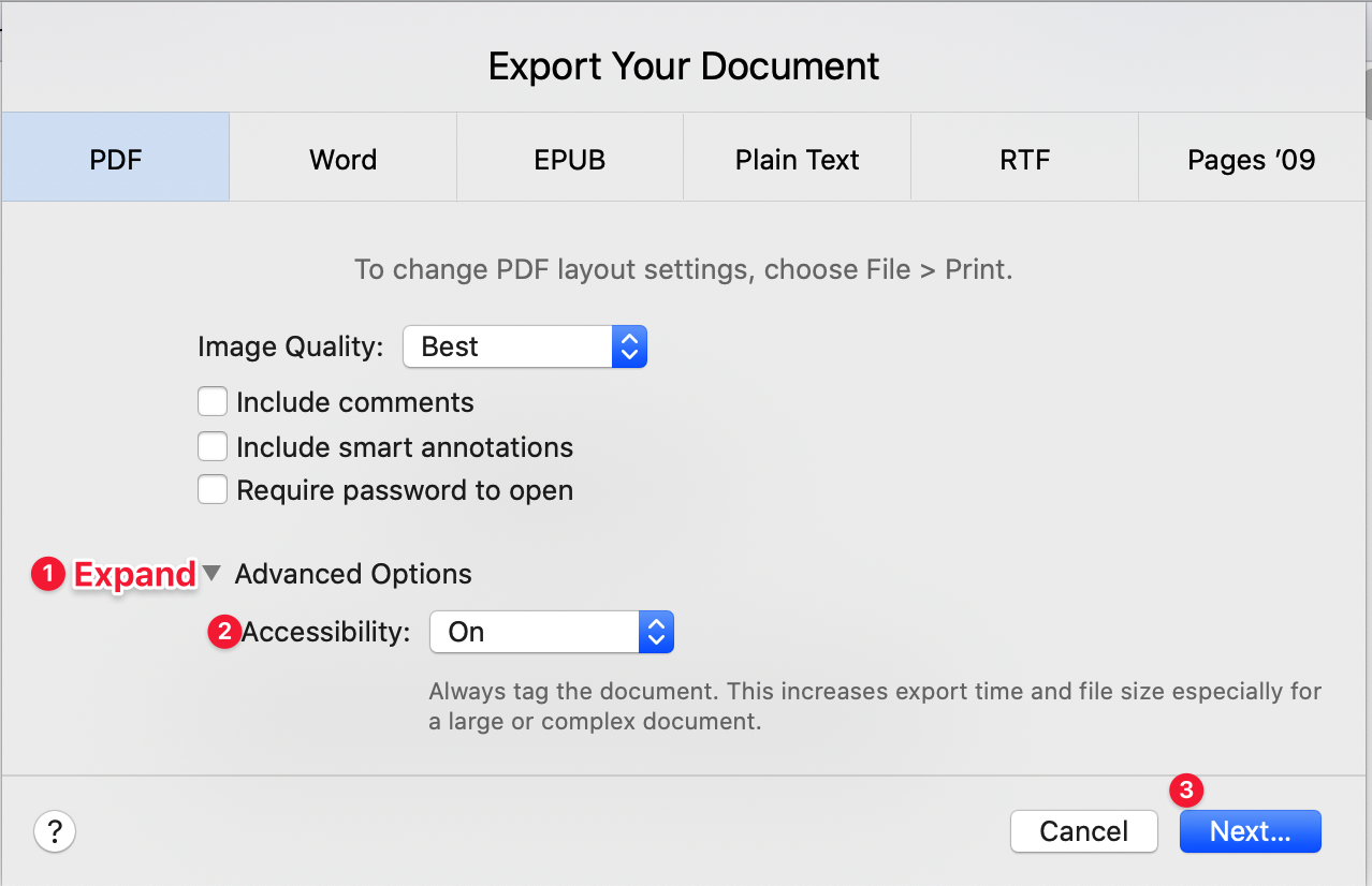 Using Pages's File → Export To → PDF...
